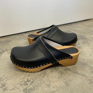 Bjork Clogs Maja Wood Open Back Black Leather Clogs Size Women's EU 39 US 8/8.5